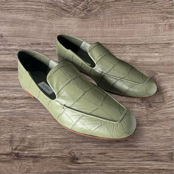 Max Mara Leather Crocodile Print Loafer Flats Green Laris US 8 EU 38 NIB $675 - Picture 1 of 11